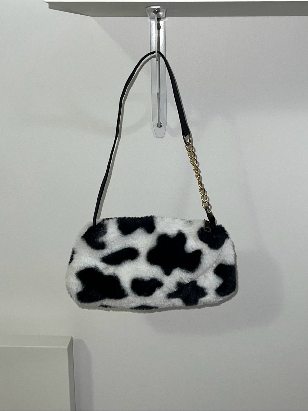 Black And White Faux Fur Cow Print Mini Shoulder Bag Soft Purse Fashion
